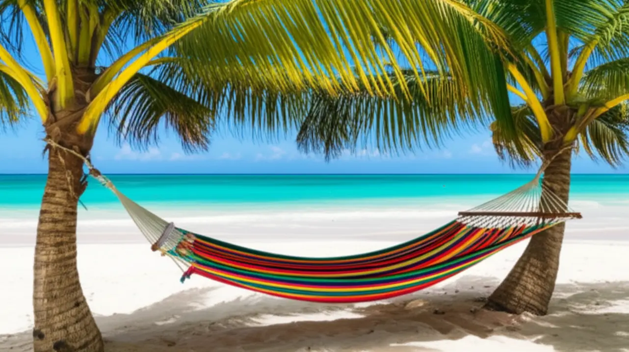 Rede de descanso entre duas palmeiras em uma praia deserta de Antígua.