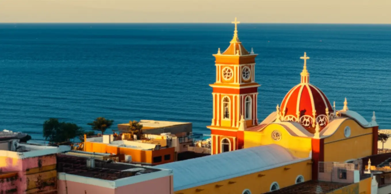 Panorâmica de Puerto Vallarta com a Paróquia de Nossa Senhora de Guadalupe e o mar ao fundo.