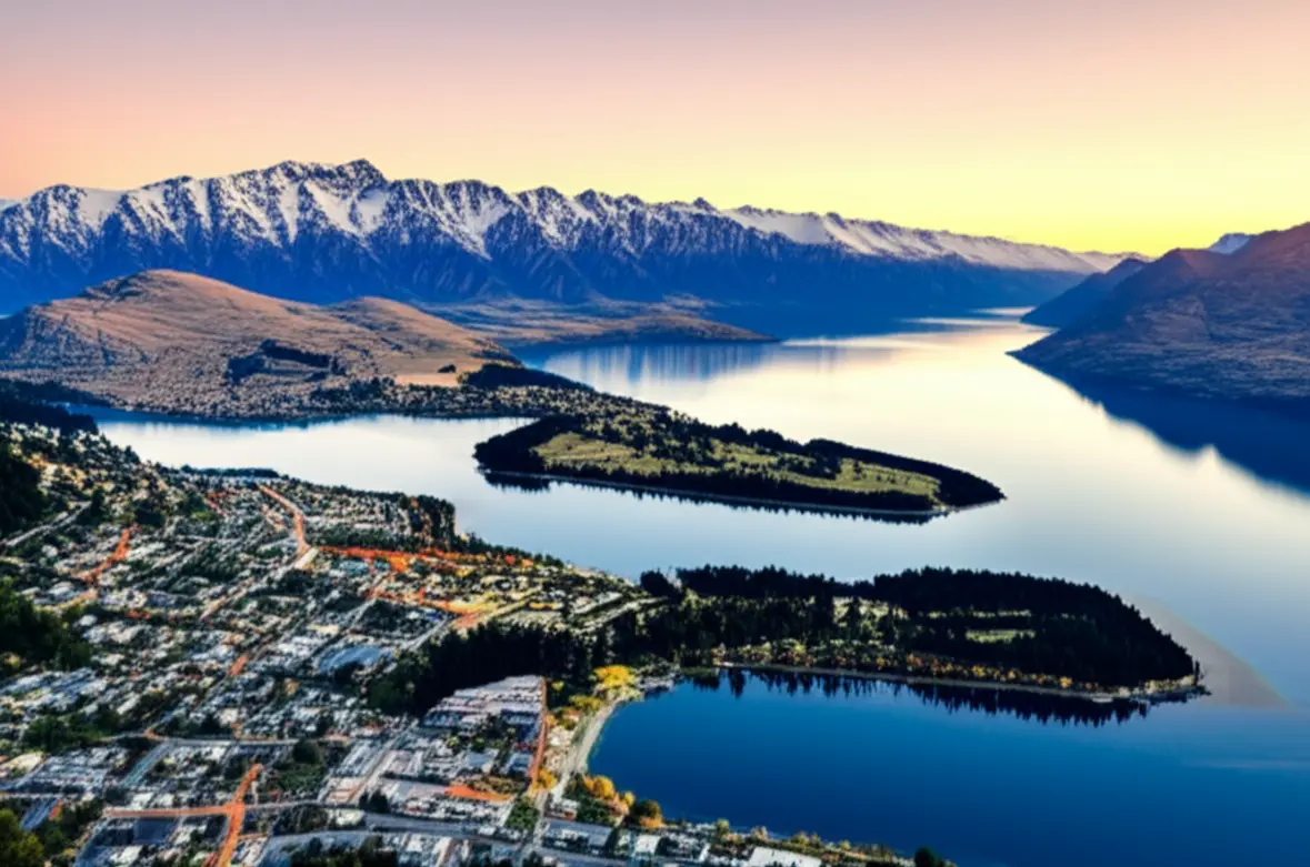 Vista panorâmica de Queenstown com o Lago Wakatipu e as montanhas The Remarkables ao pôr do sol.