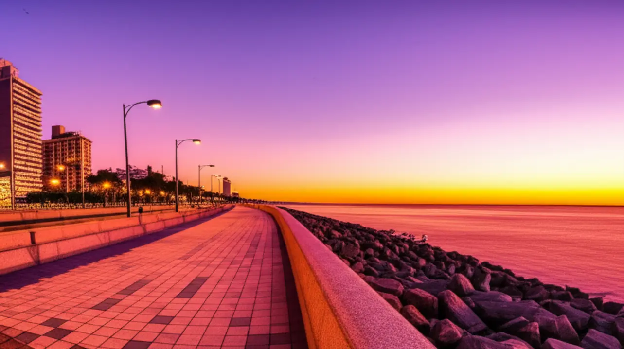Pôr do sol na Rambla de Montevidéu com o Rio da Prata ao fundo.