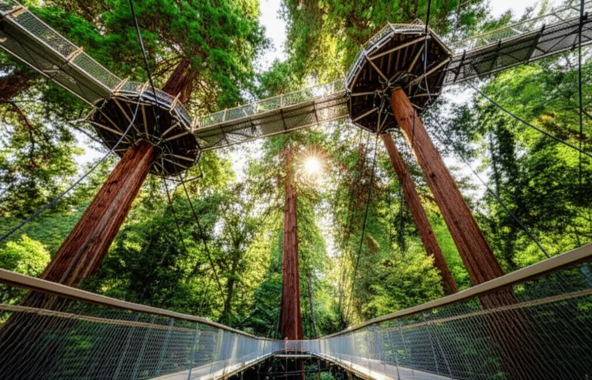 Passarela suspensa entre árvores sequoias gigantes na Redwoods Treewalk.