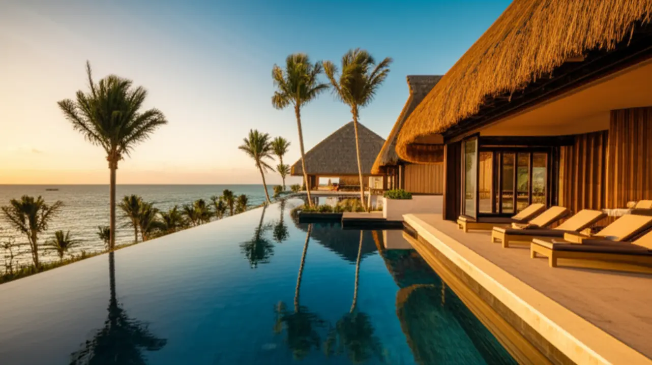 Piscina de borda infinita de um resort de luxo em Miches durante o pôr do sol.