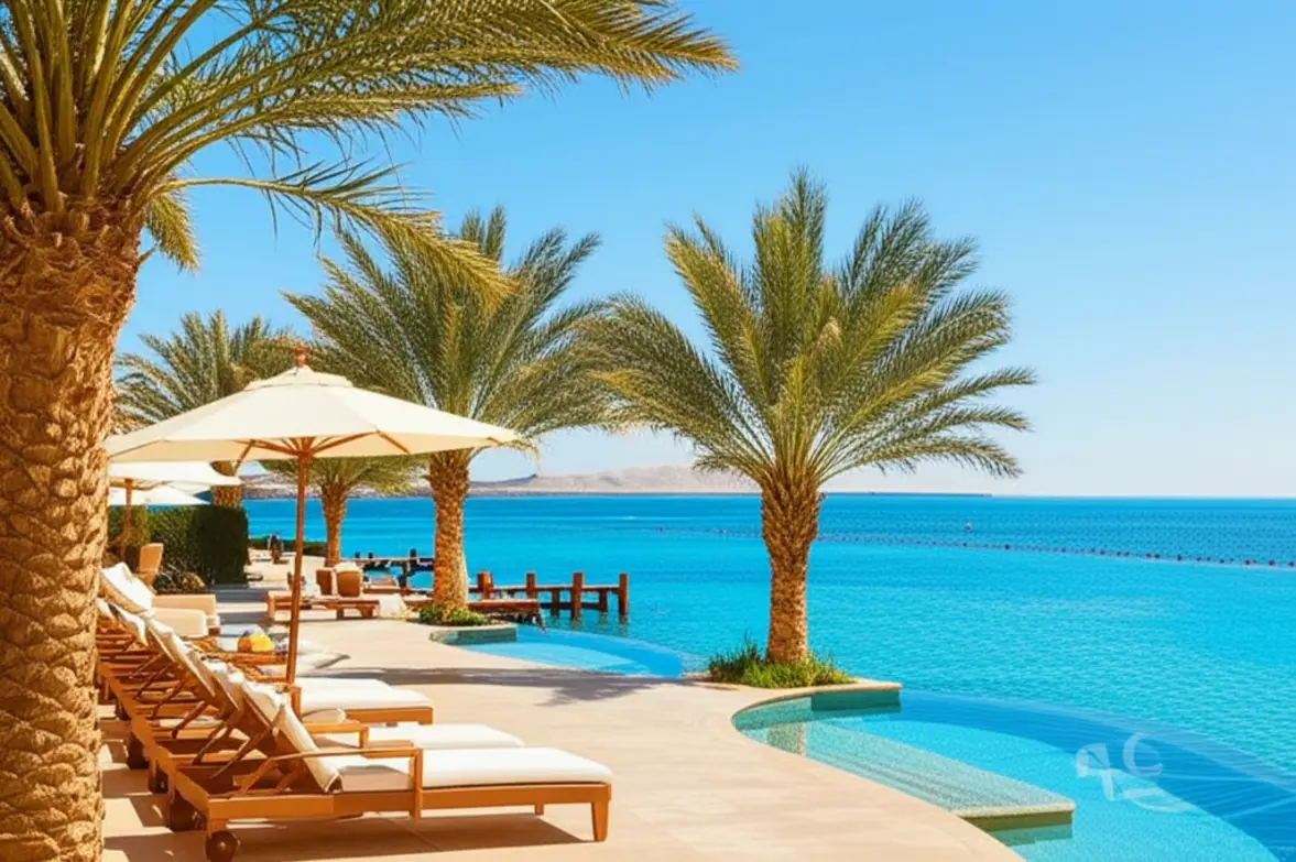 Piscina de resort de luxo em Sharm El Sheikh com vista panorâmica para o Mar Vermelho.