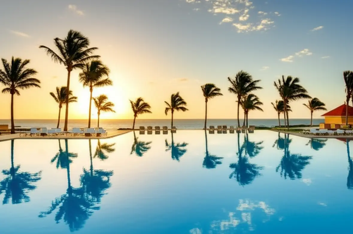 Resort de luxo à beira-mar em Punta Cana durante o entardecer.