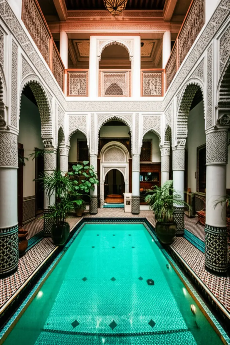 Interior de um Riad tradicional em Marraquexe com pátio central e piscina.