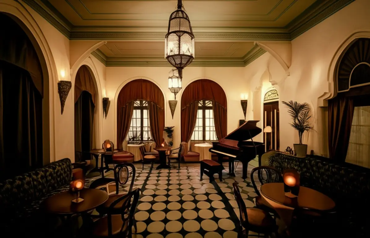 Interior luxuoso e nostálgico do Rick's Café em Casablanca com arcos marroquinos.