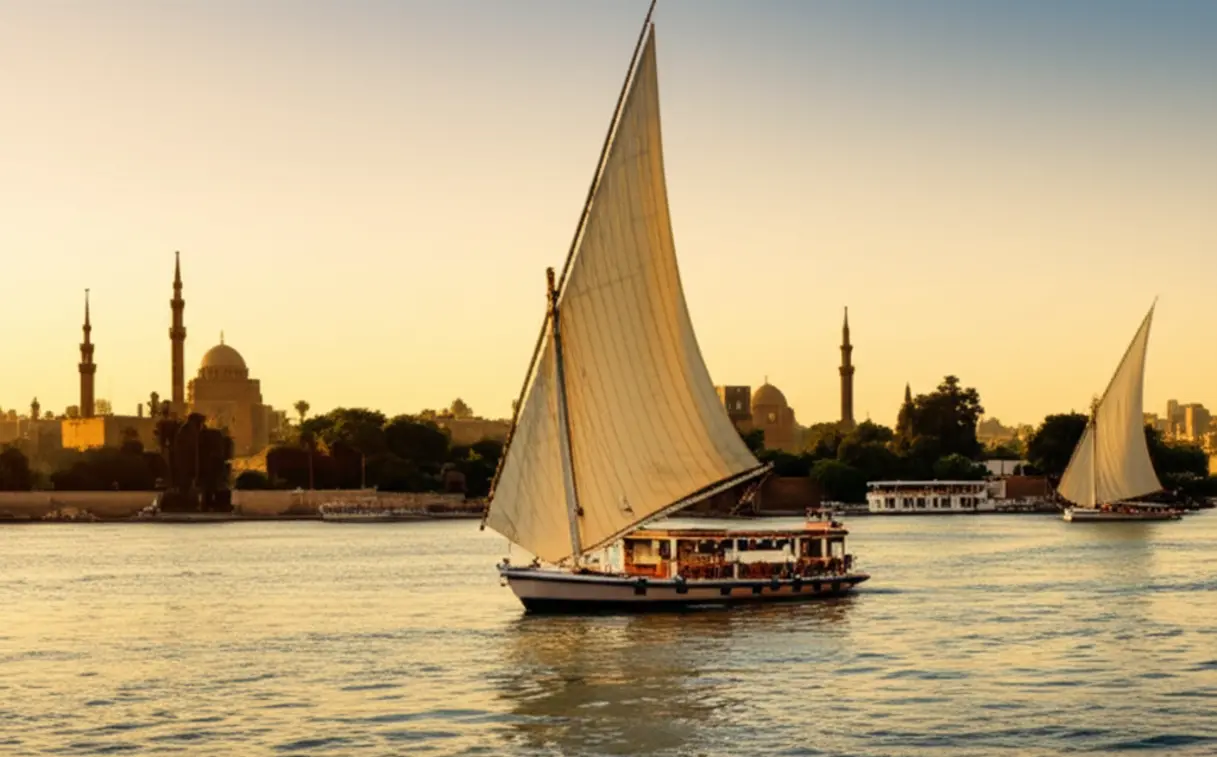 Barco felucca navegando no Rio Nilo ao pôr do sol no Cairo.