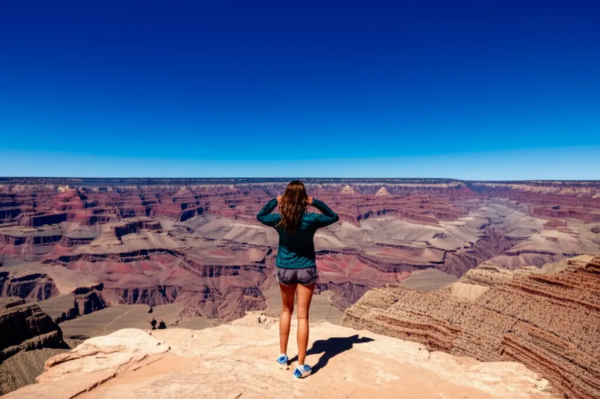 Viajante em um mirante observando a vastidão do Grand Canyon.