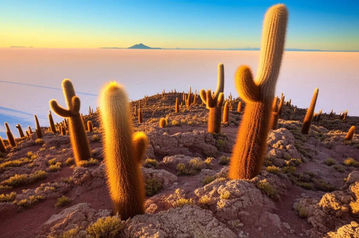 A Ilha Incahuasi com seus cactos gigantes cercada pelo deserto de sal branco.