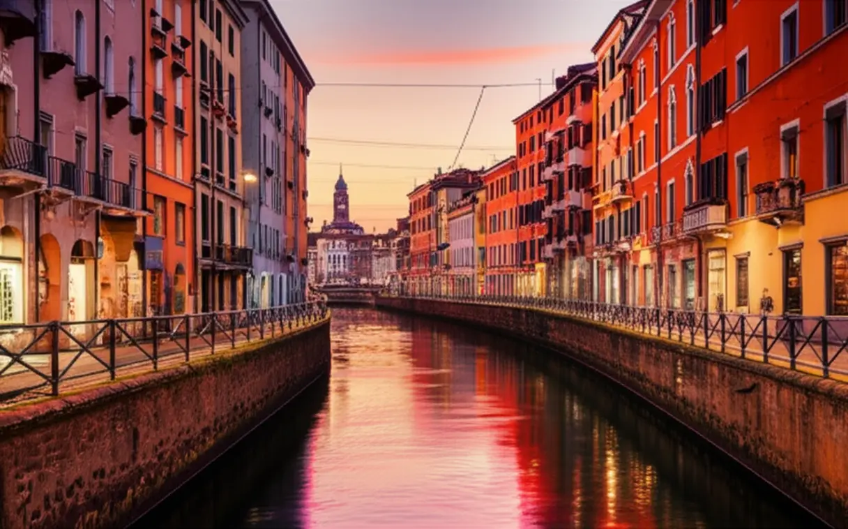 Canais de Navigli em Milão durante o pôr do sol com prédios coloridos e reflexos na água.