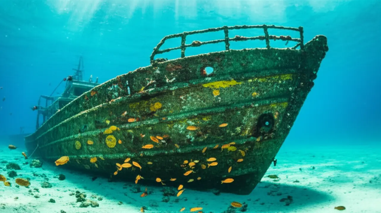 Mergulhador explorando o barco naufragado em Perro Chico, San Blas.