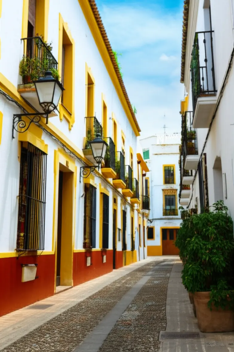 Rua estreita e charmosa no bairro de Santa Cruz em Sevilha.