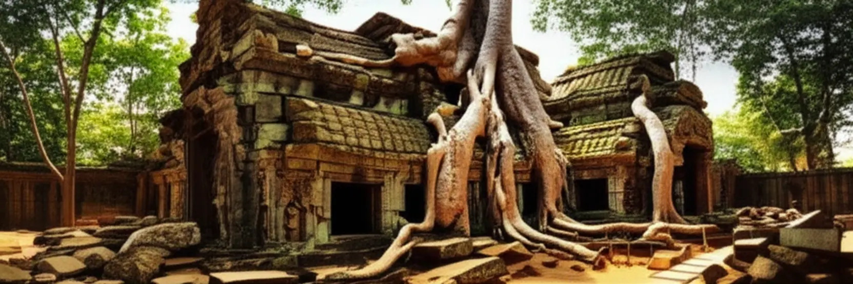 Templo Ta Prohm com raízes gigantescas crescendo sobre as ruínas de pedra.