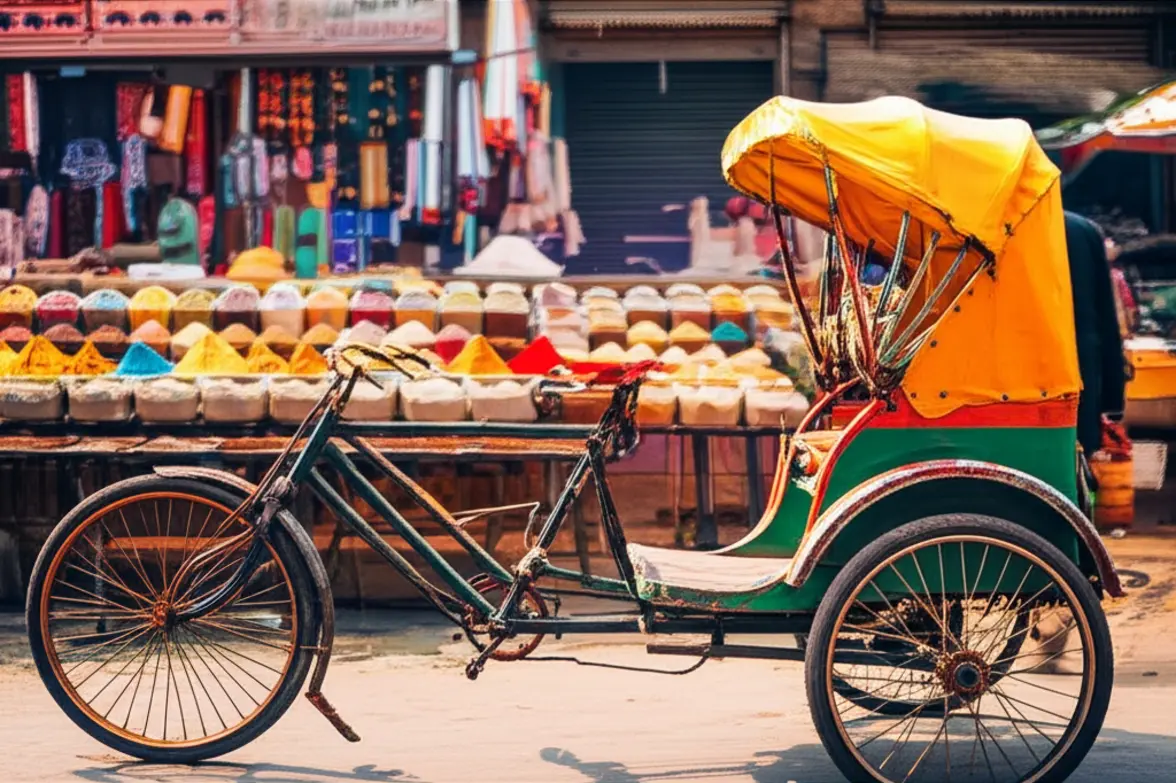 Um tradicional cycle-rickshaw navegando pelas cores de Chandni Chowk na Velha Déli.