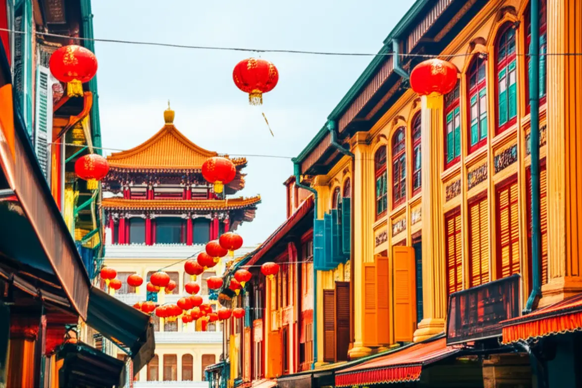 Ruas coloridas com casas históricas e lanternas vermelhas em Chinatown, Singapura.