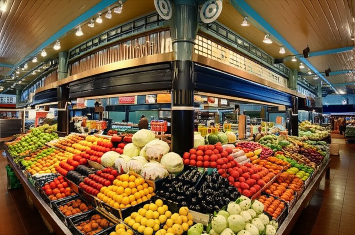 Interior vibrante do Adelaide Central Market com bancas de frutas frescas.