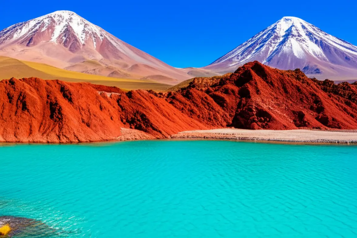 Lagoa de águas azul-turquesa cercada por rochas vermelhas e vulcões ao fundo.