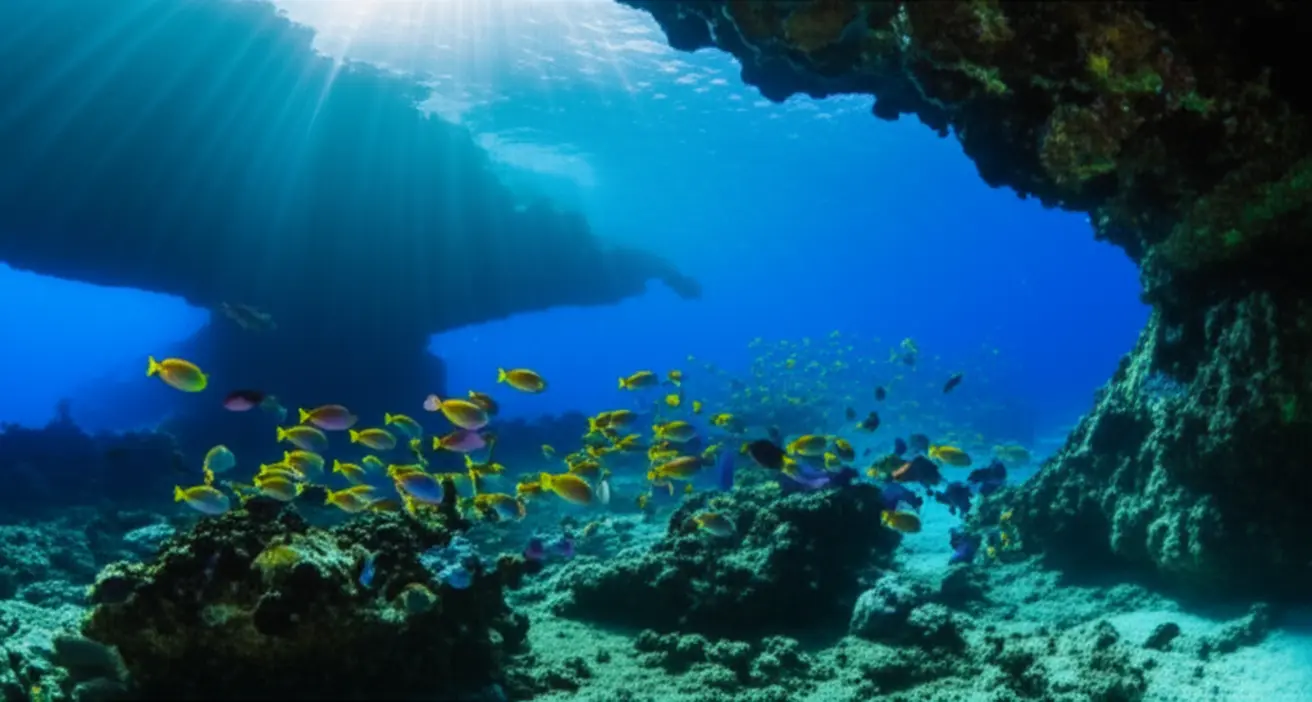 Raios de sol entrando na abertura de uma caverna marinha com águas azuis e peixes.