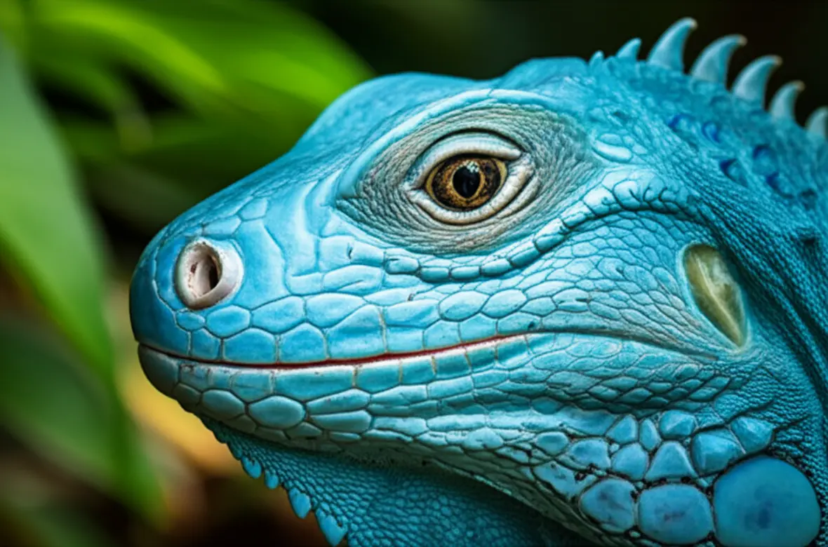 Uma iguana azul rara em meio à vegetação tropical no Queen Elizabeth II Botanic Park.