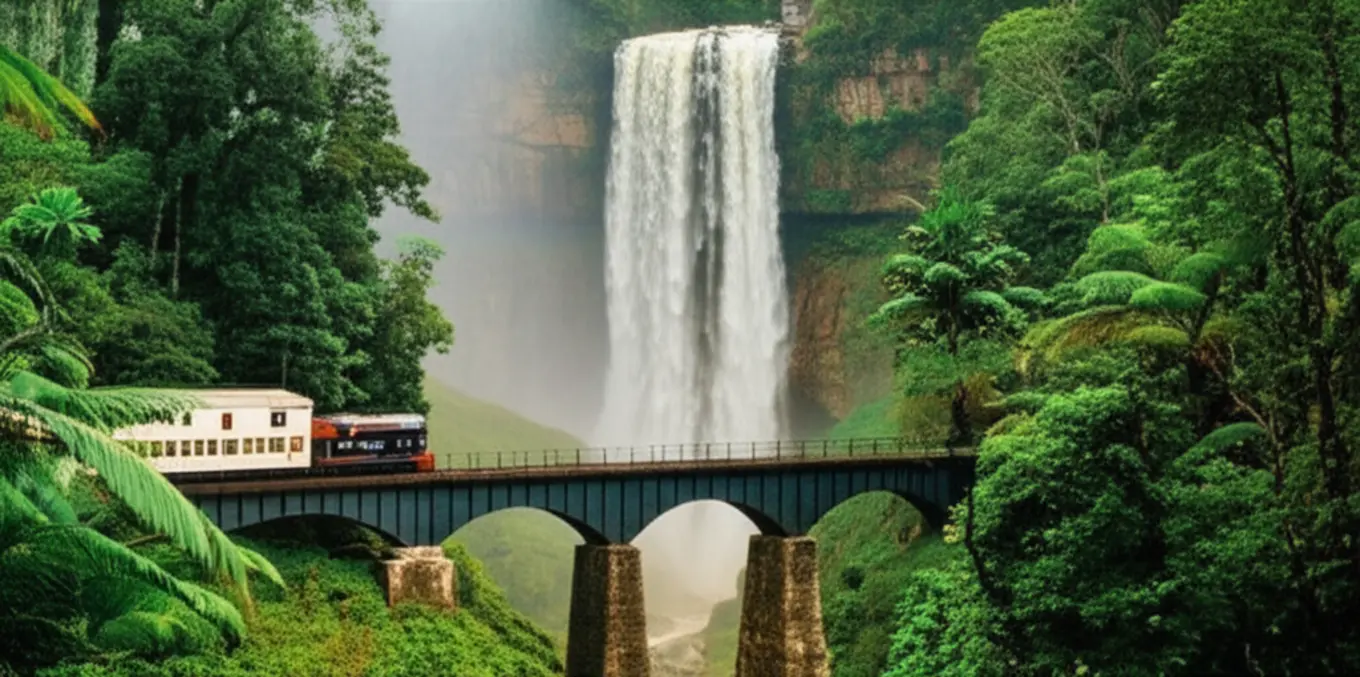 O trem histórico de Kuranda atravessando uma ponte cercada por floresta tropical densa e cachoeiras.