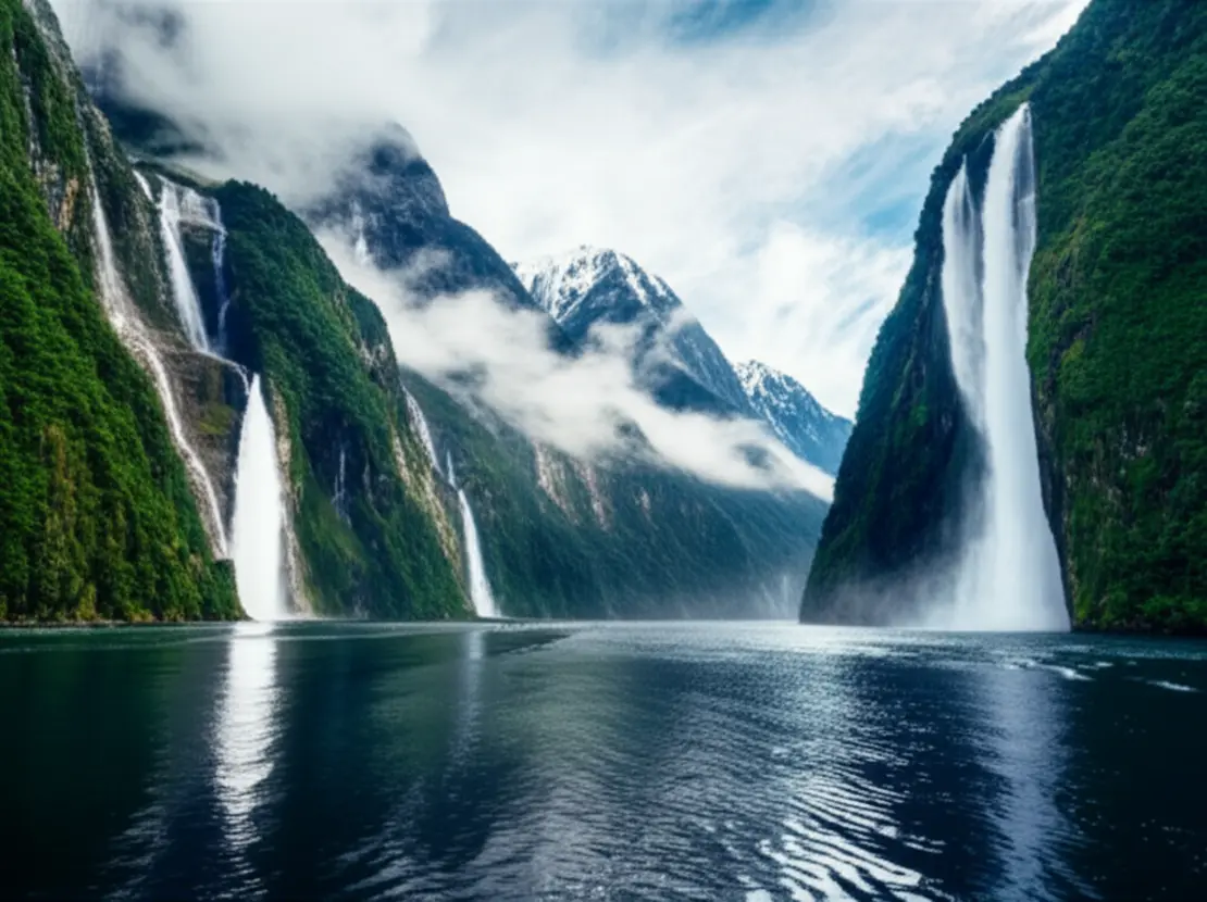 Barco de cruzeiro navegando pelas águas escuras de Milford Sound cercado por picos majestosos.