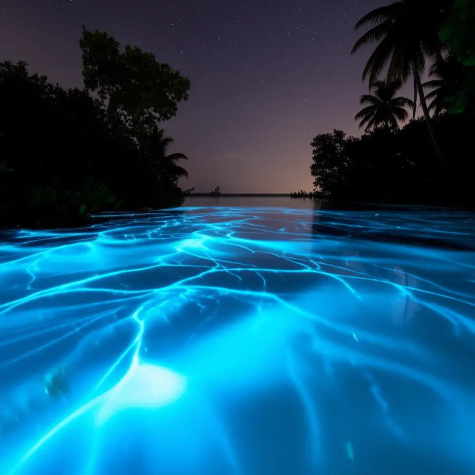 A mágica Lagoa Luminosa brilhando em azul neon à noite perto de Montego Bay.