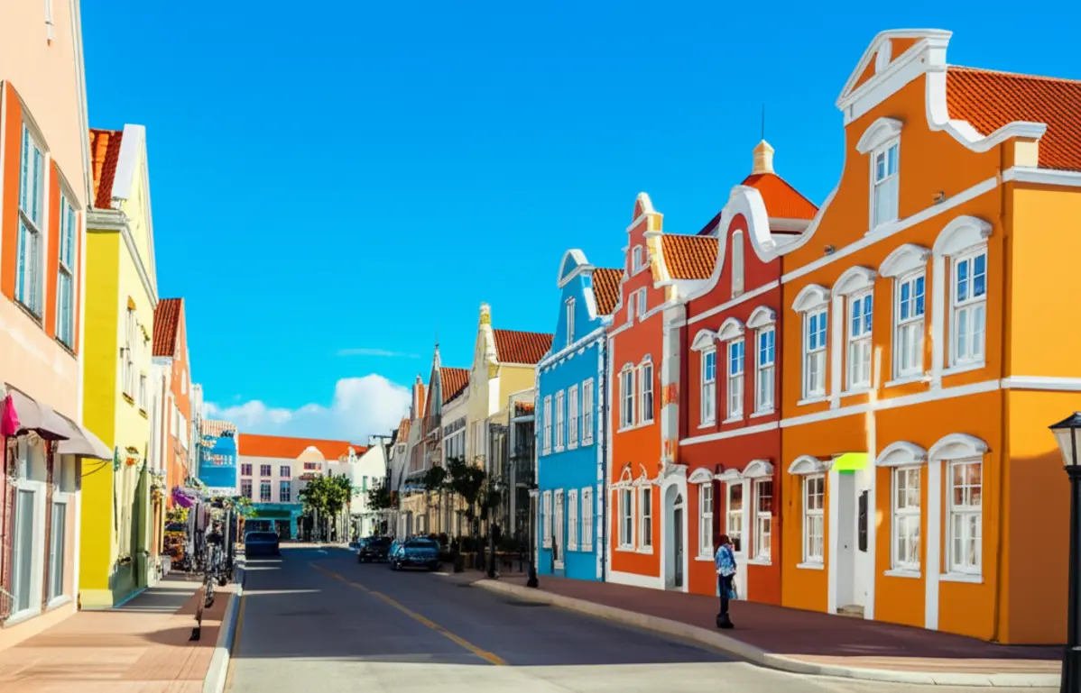 Prédios coloridos em estilo colonial holandês sob o sol em Oranjestad, Aruba.