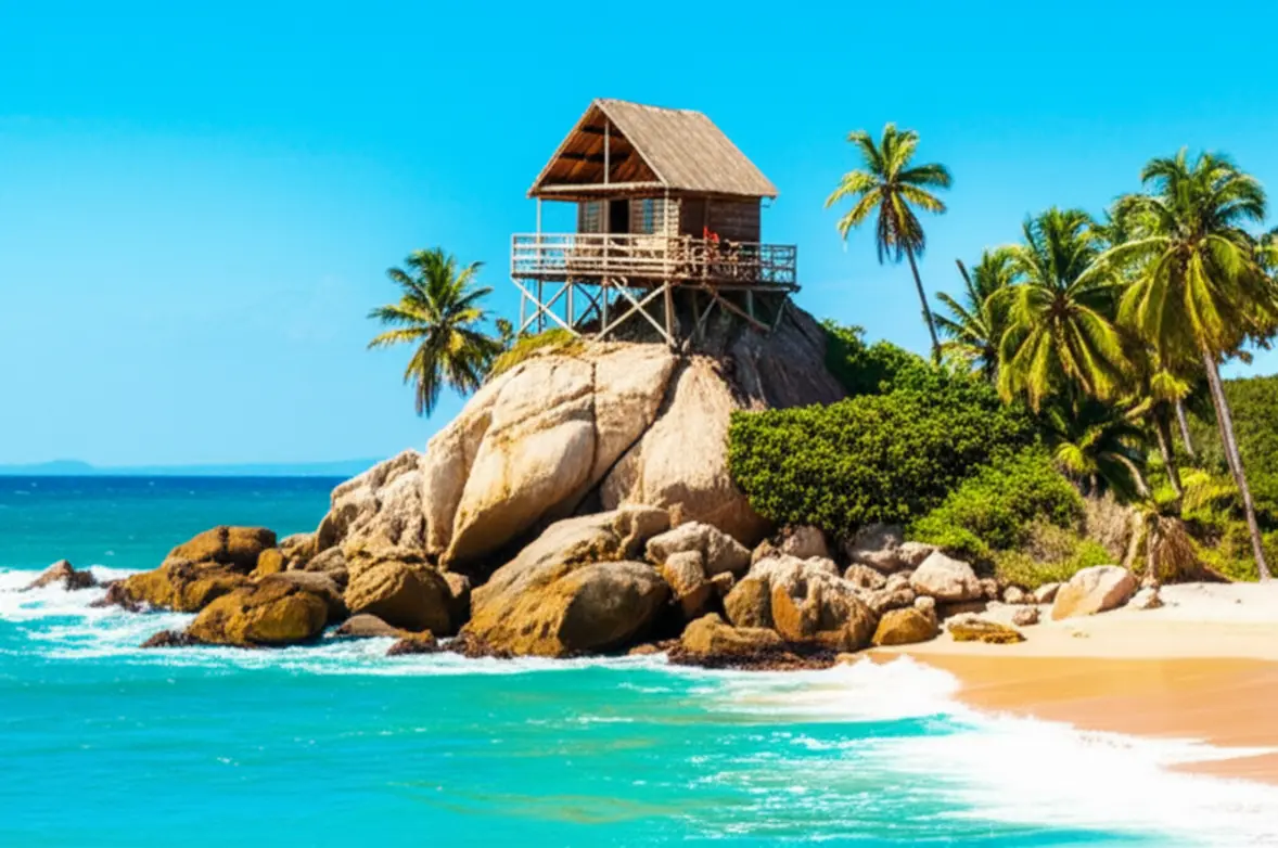 Praia de Cabo San Juan no Parque Tayrona com coqueiros e mar azul.