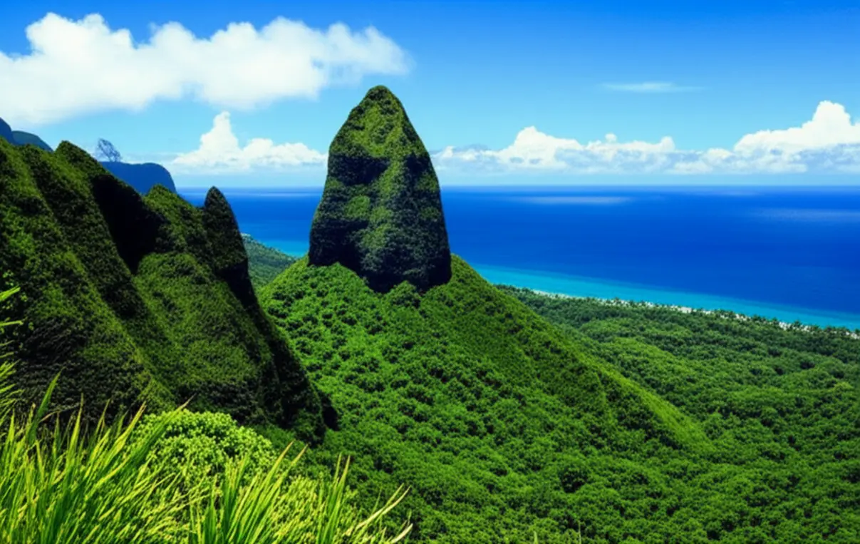 Vista panorâmica da formação rochosa The Needle em Rarotonga.