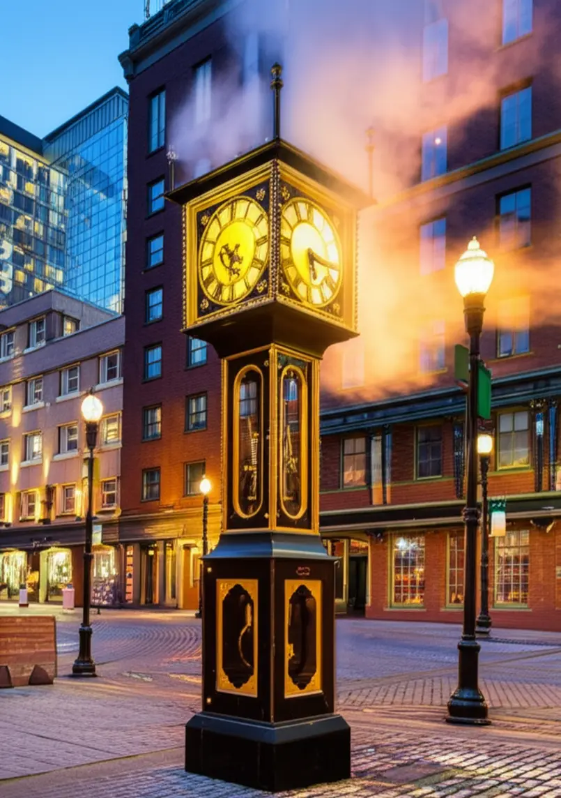 O icônico relógio a vapor histórico soprando fumaça nas ruas de paralelepípedos de Gastown.