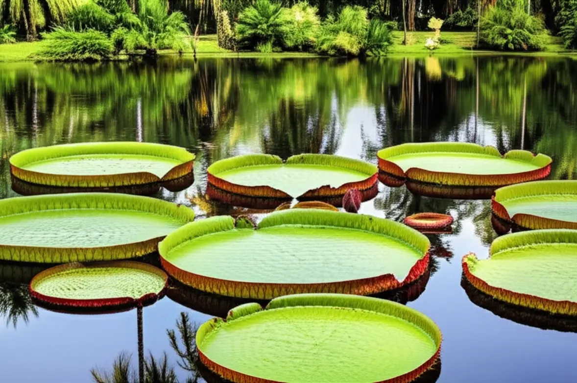 Vitórias-régias gigantes flutuando no lago do Jardim Botânico de Pamplemousses.