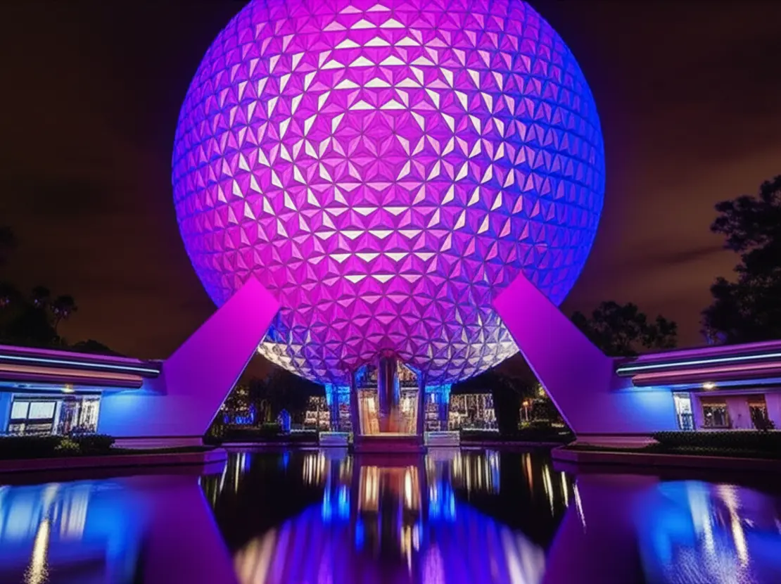 O ícone do Epcot, Spaceship Earth, iluminado à noite com cores vibrantes.