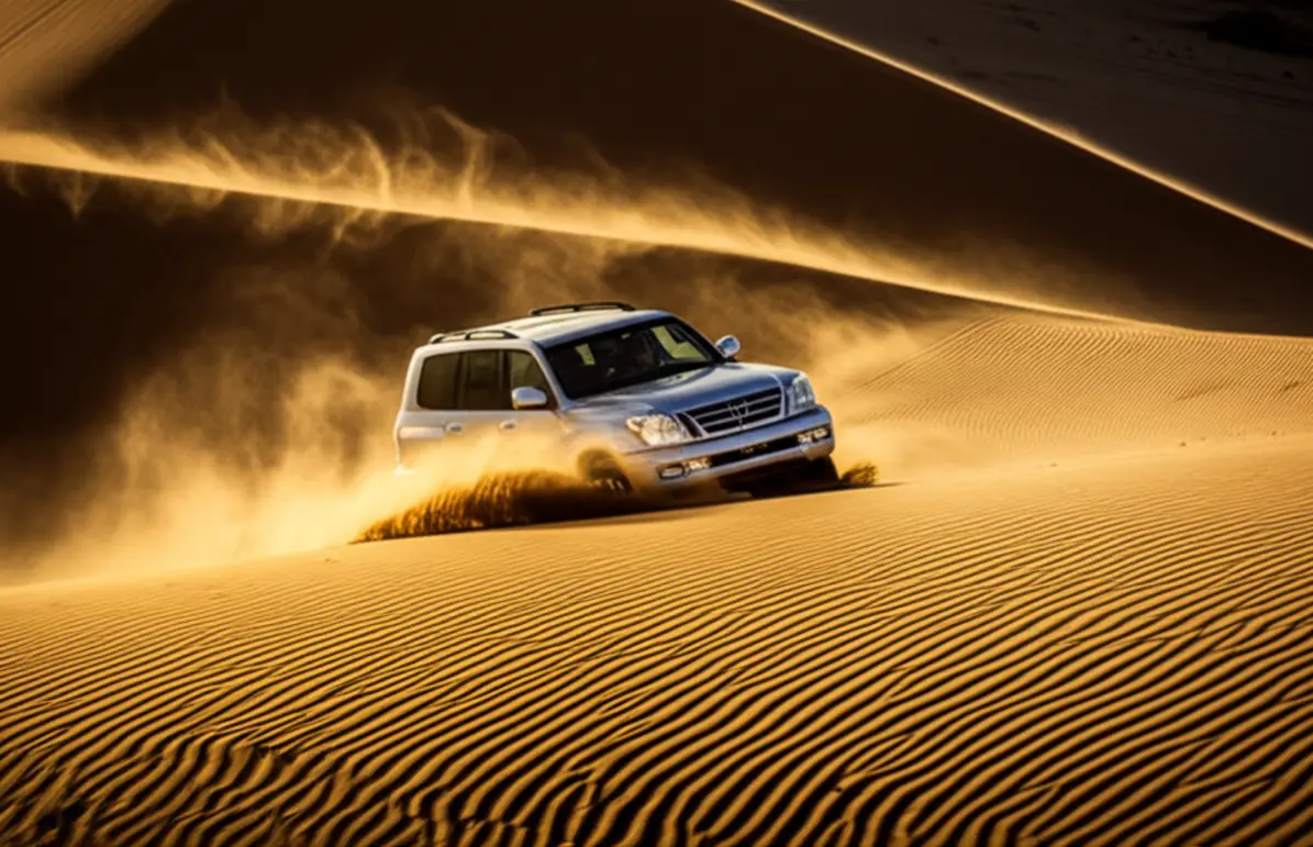 Um veículo 4x4 navegando pelas dunas gigantes do Mar de Dunas em Copiapó.