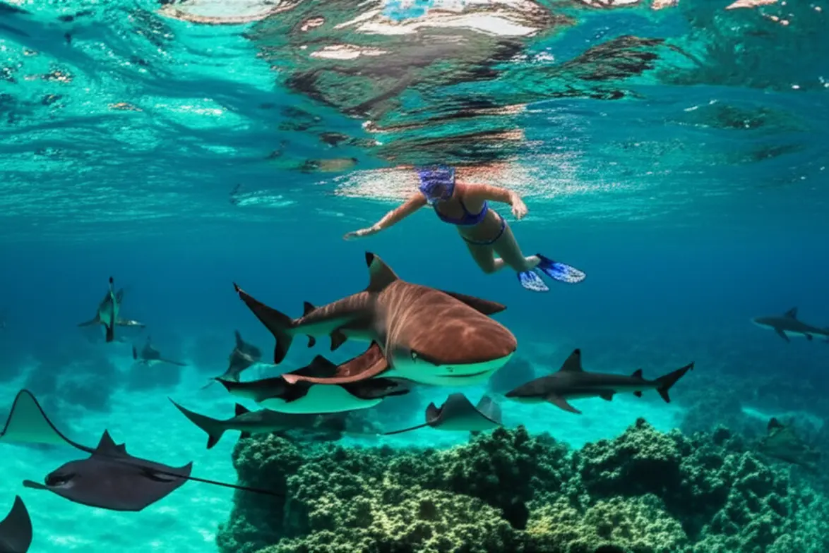 Turista mergulhando com raias e tubarões em águas cristalinas.