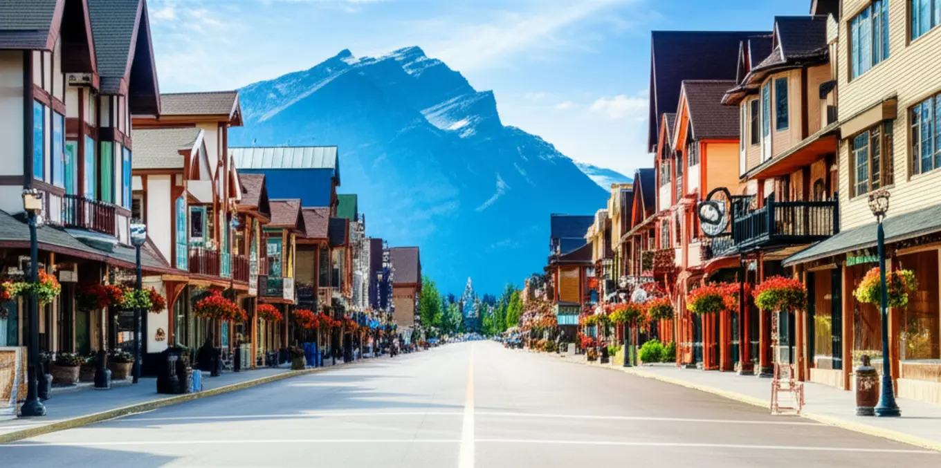 Avenida principal de Banff com a montanha Cascade ao fundo sob um céu limpo.