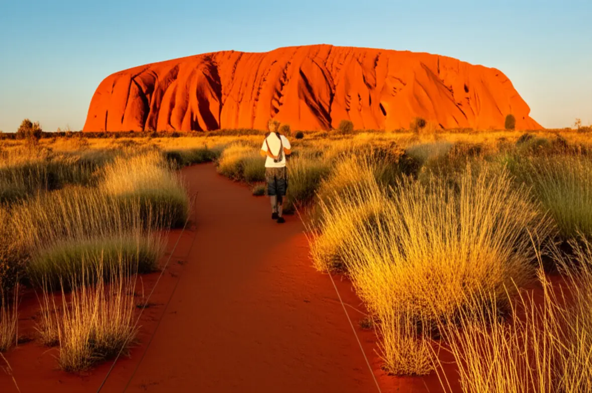 Turista caminhando pela trilha de areia vermelha na base de Uluru.