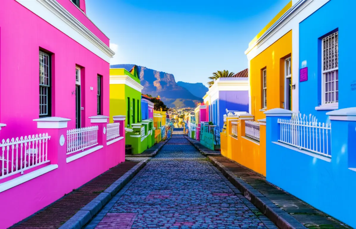 Casas coloridas do bairro histórico de Bo-Kaap com a Montanha da Mesa ao fundo.