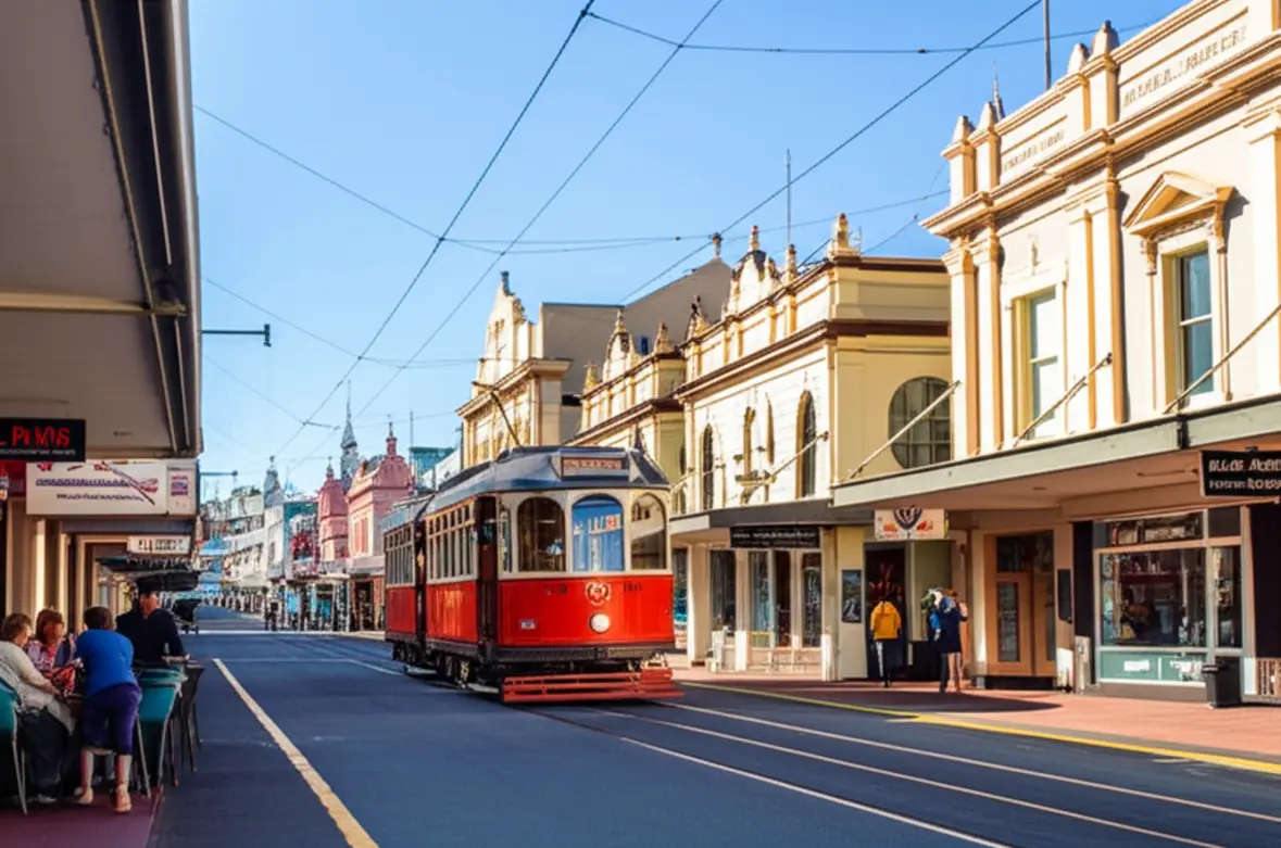 O bonde histórico de Christchurch passando pelos prédios em tons pastel da New Regent Street.