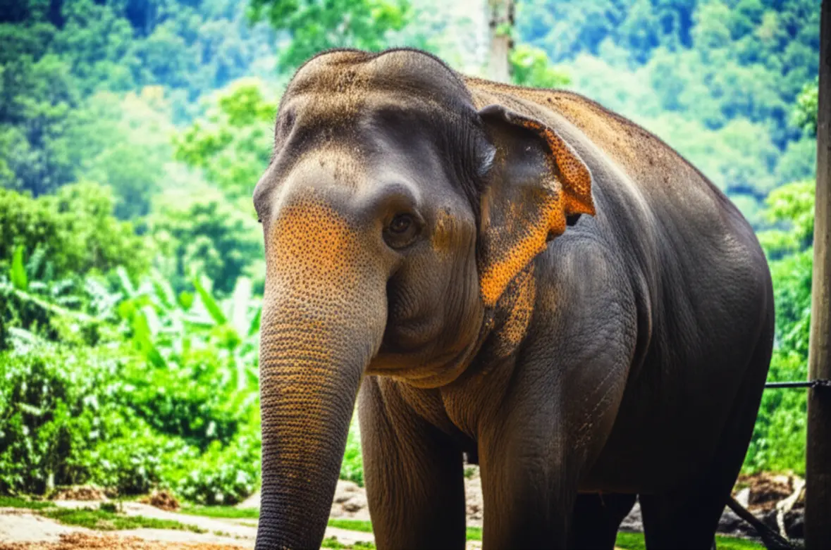 Elefante em um santuário ético em Chiang Mai sendo cuidado em ambiente natural de selva.