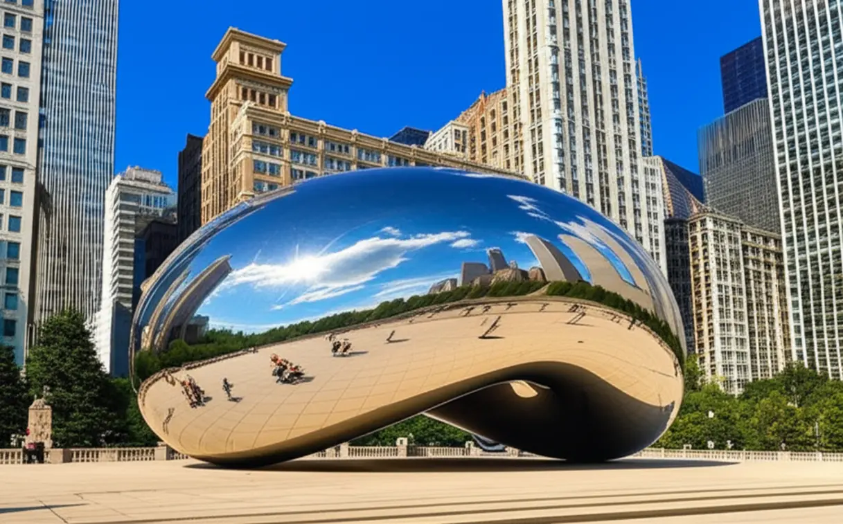 Escultura espelhada Cloud Gate refletindo o céu e prédios em Chicago.