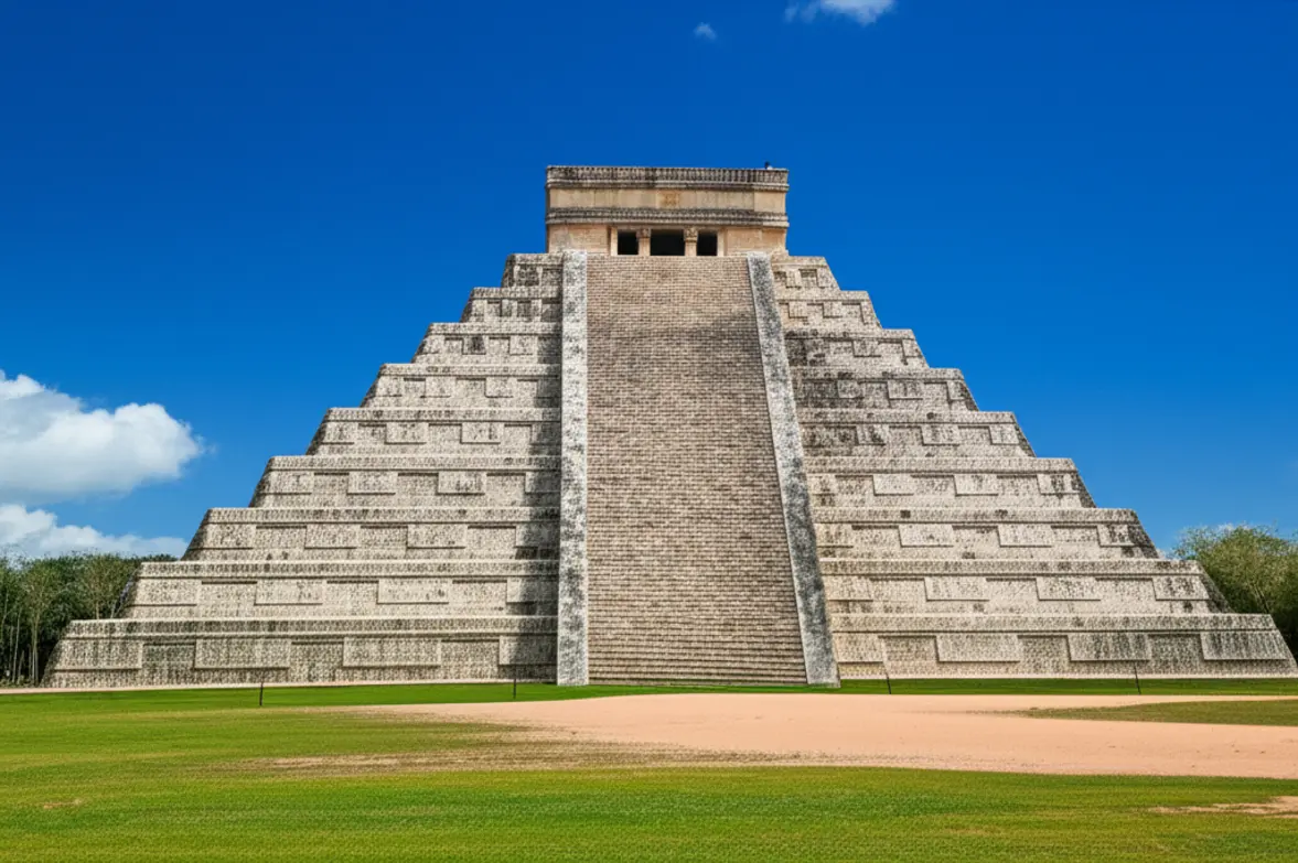 A pirâmide de Kukulcán em Chichén Itzá sob um céu azul claro.