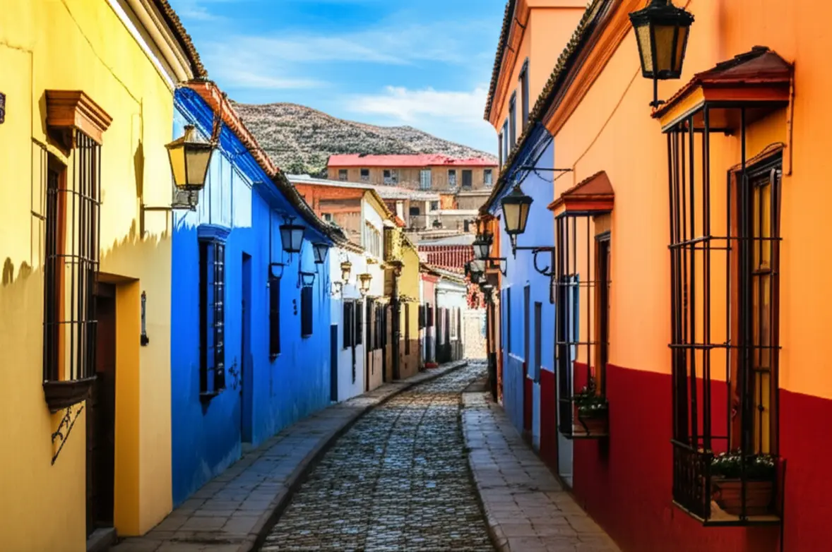 Rua colonial Calle Jaén em La Paz com prédios coloridos e sacadas ornamentadas.