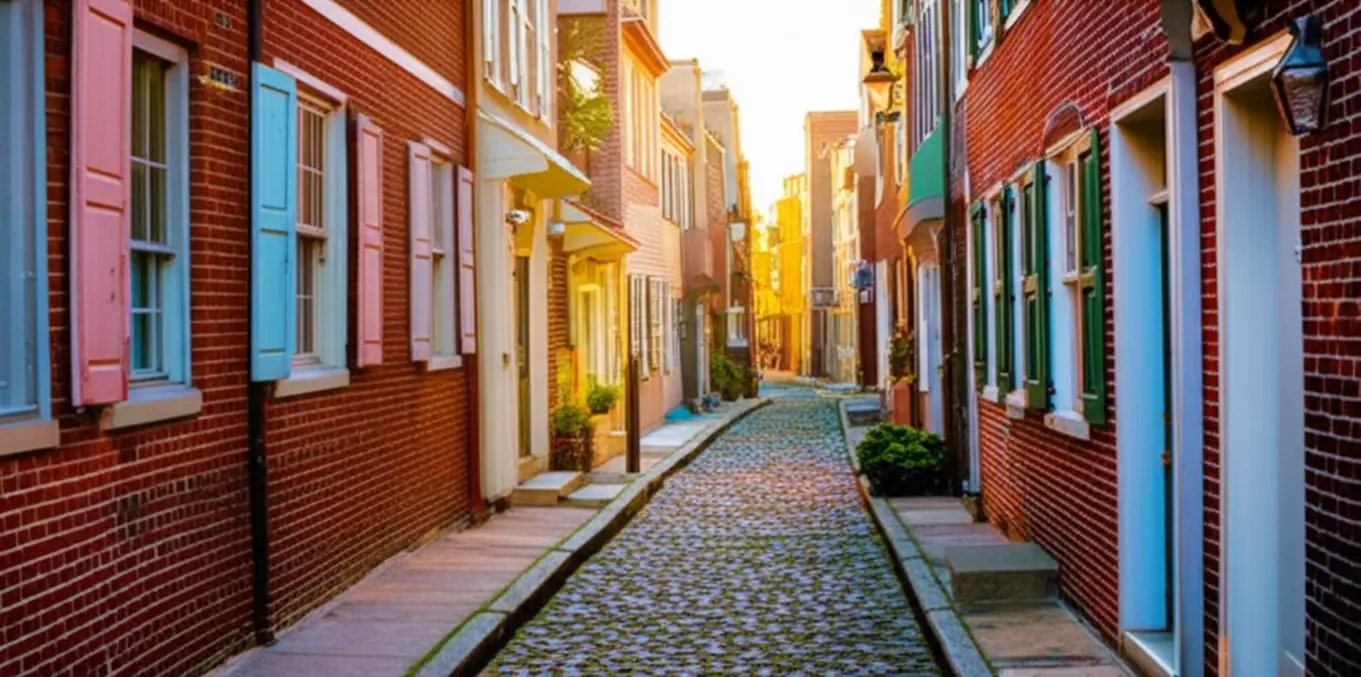 Vista da rua de paralelepípedos Elfreth's Alley com casas coloniais de tijolos.