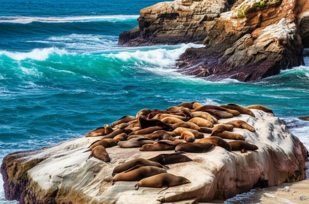 Leões-marinhos nas rochas de La Jolla Cove com o oceano ao fundo.