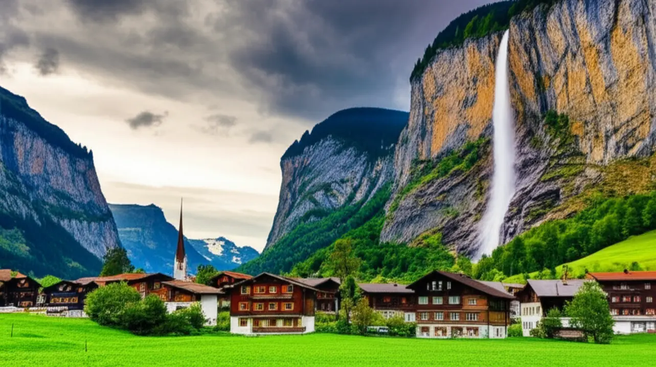 O vale de Lauterbrunnen com chalés de madeira e a cachoeira Staubbachfall.