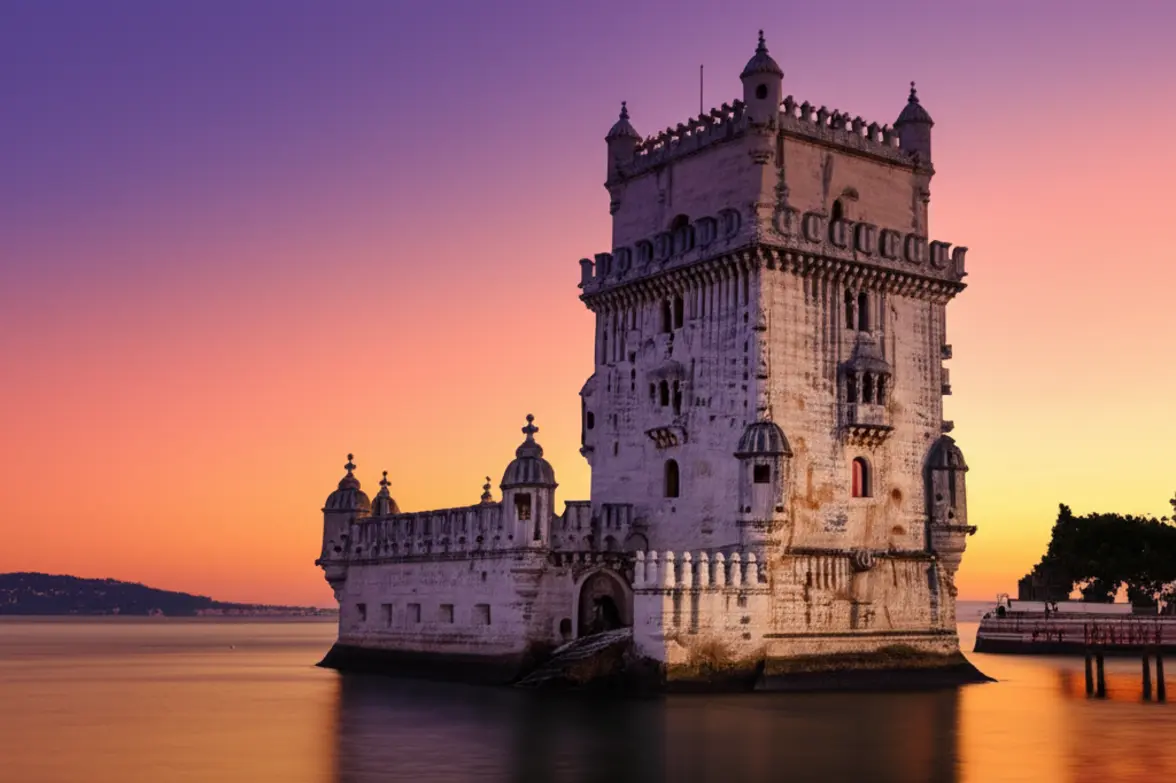 A imponente Torre de Belém em Lisboa refletida nas águas do Rio Tejo ao entardecer.
