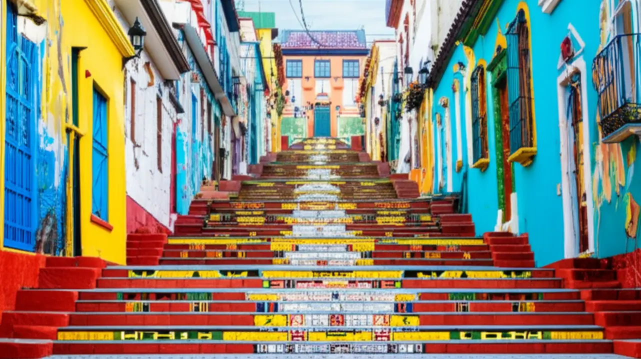 Escadarias coloridas e murais artísticos no bairro Loma San Jerónimo.