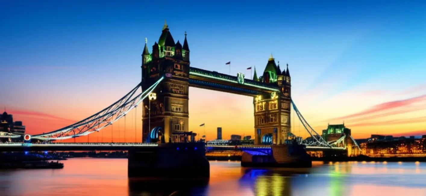 Vista panorâmica da Tower Bridge iluminada ao entardecer.