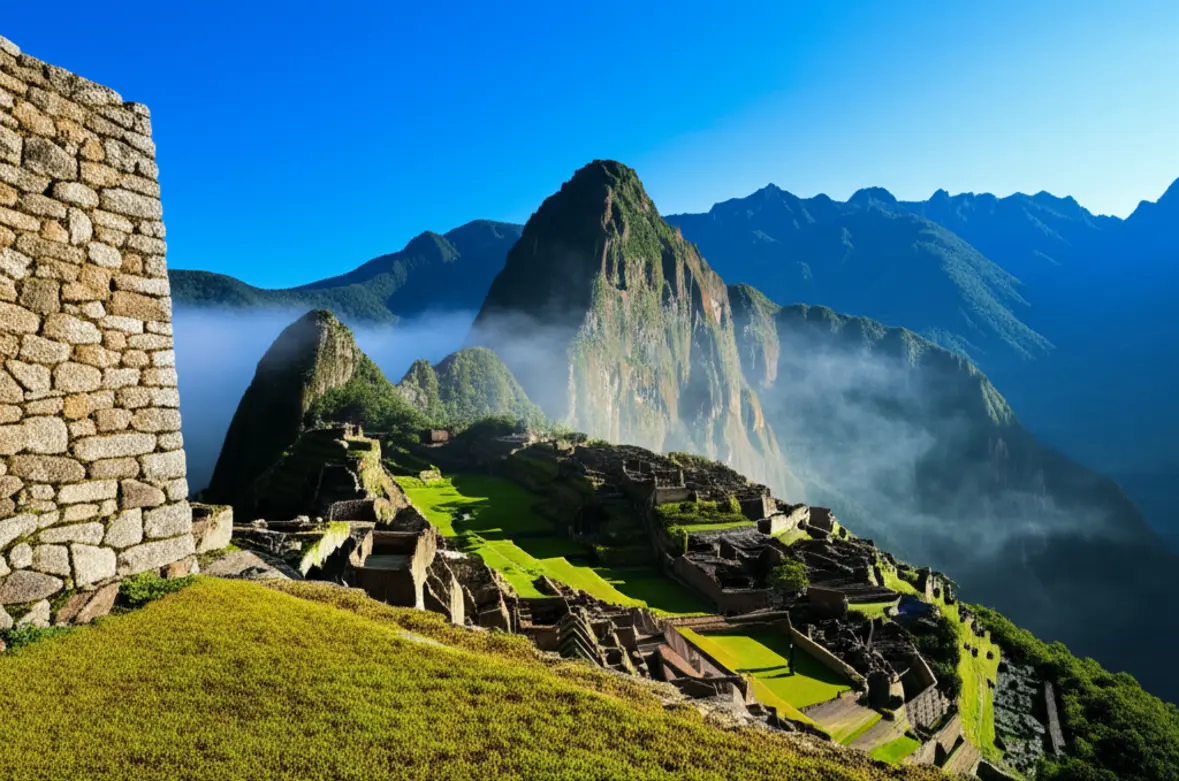 Ruínas de Machu Picchu cercadas por montanhas e neblina sob luz suave.