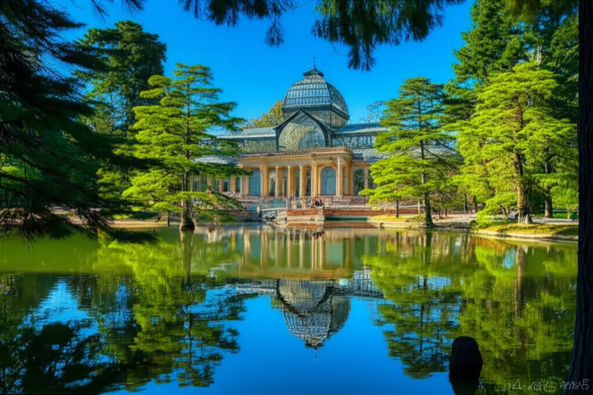 Palácio de Cristal no Parque do Retiro refletido no lago cercado por árvores.